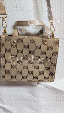bebe Talulla Mini Satchel Beige Monogram Logo Crossbody Handbag